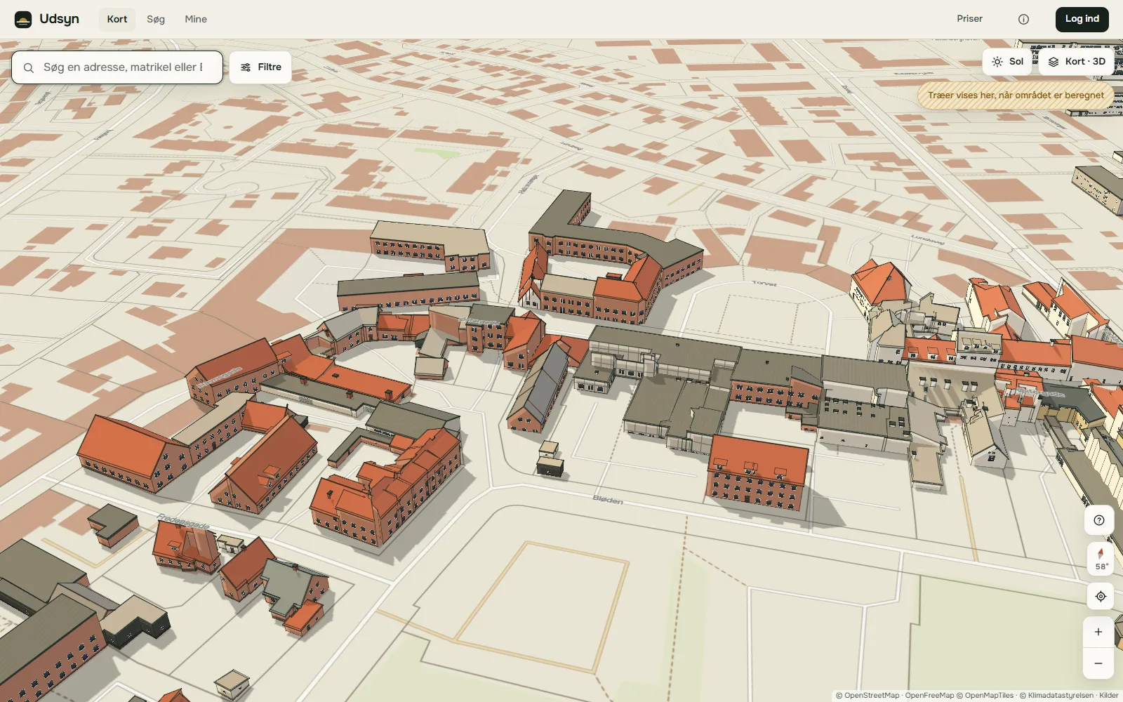 Bymidten i Frederikssund i 3D med bygninger og skygger
