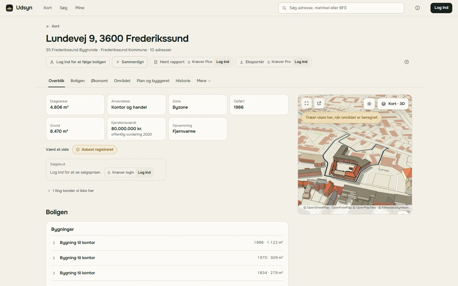 Ejendomssiden for en ejendom ved Torvet i Frederikssund med nøgletal, bygninger og et lille 3D-kort